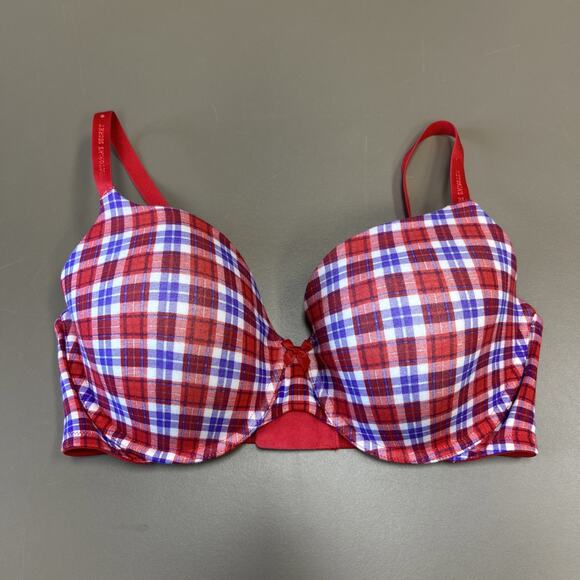Victoria's Secret Bra 36DD Lined Perfect Coverage Red Purple Plaid Cotton - Picture 1 of 6